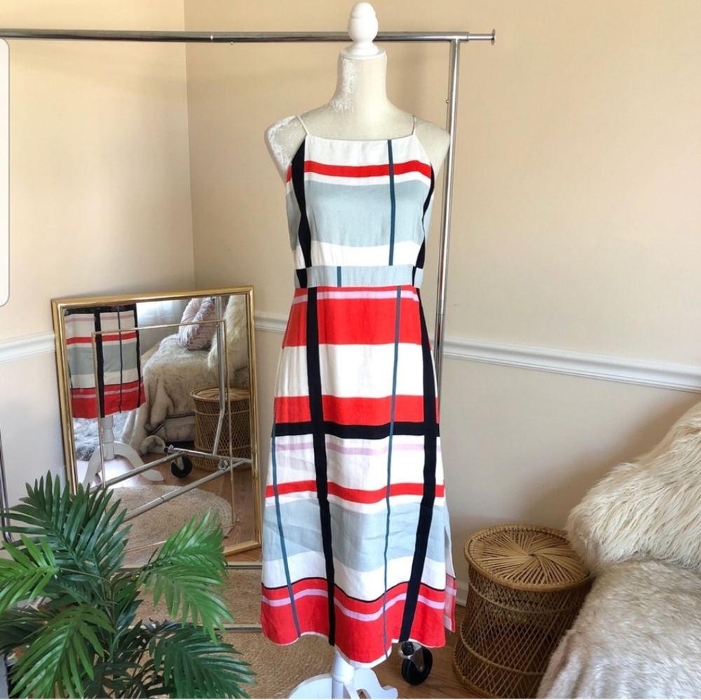Ann Taylor Picnic Striped Linen Blend Midi Dress